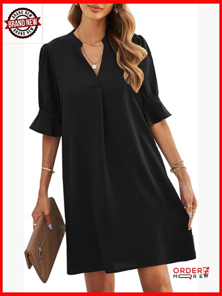 V-Neck Ruffle Short Sleeve Shift Dress Knee Length